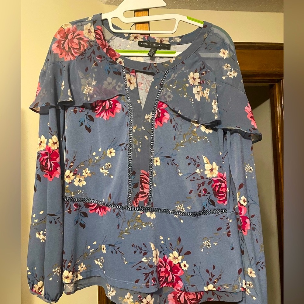 White House Black Market Floral Blouse in Blue and Pink